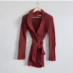 Anthropologie MOTH Wool Knit Open Front‎ Cardigan Sweater Rust Red burnt orangeM